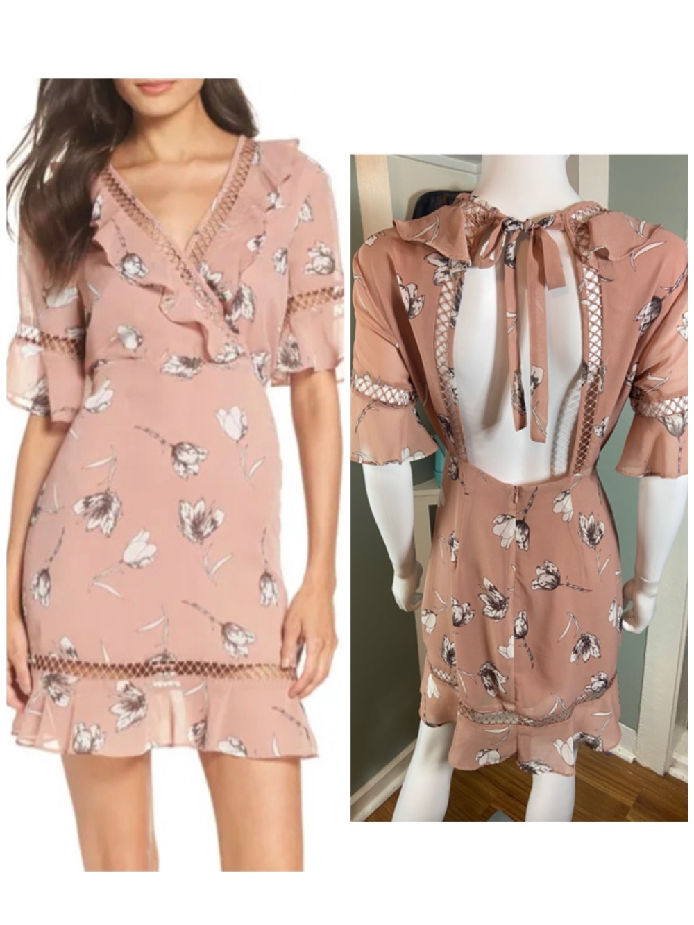 Bardot Tarryn Lattice Paper Flower Floral Ruffle Surplice Wrap Mini Dress S/6